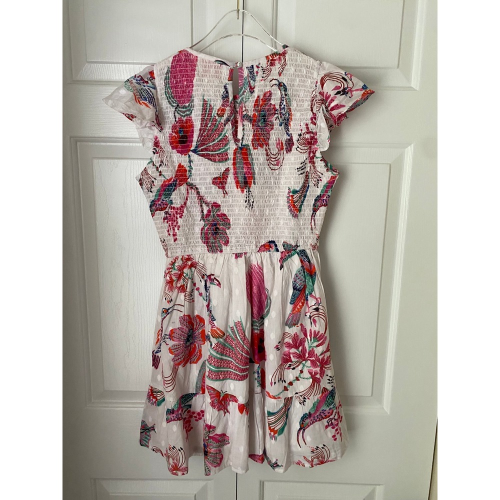 Banjanan Ilona Mini Dress Womens M White Birdie Print Smocked Ruffle Pink Boho - Picture 4 of 7